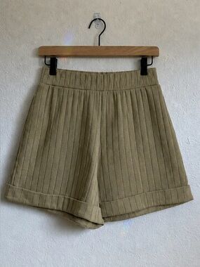 SANCIA 100% Cotton Oversized Relaxed High Rise Ribbed Cuffed Shorts Olive Green